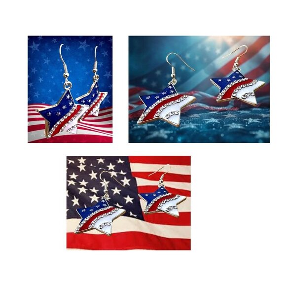 New Patriotic Star Earrings Rhinestones Dangle Patriotic July 4 Veteran'… - Picture 10 of 12